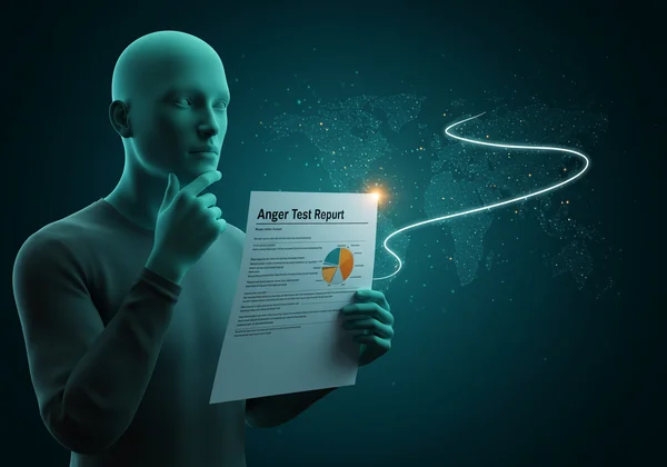 Seseorang sedang merenungkan keputusan ujian kemarahan, seperti peta emosi.