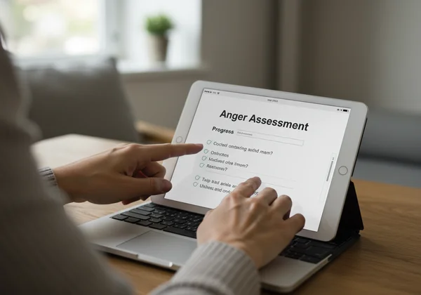 Person interacting with an online anger self-assessment