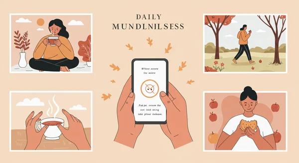 Icone che rappresentano abitudini quotidiane di mindfulness come mangiare, natura