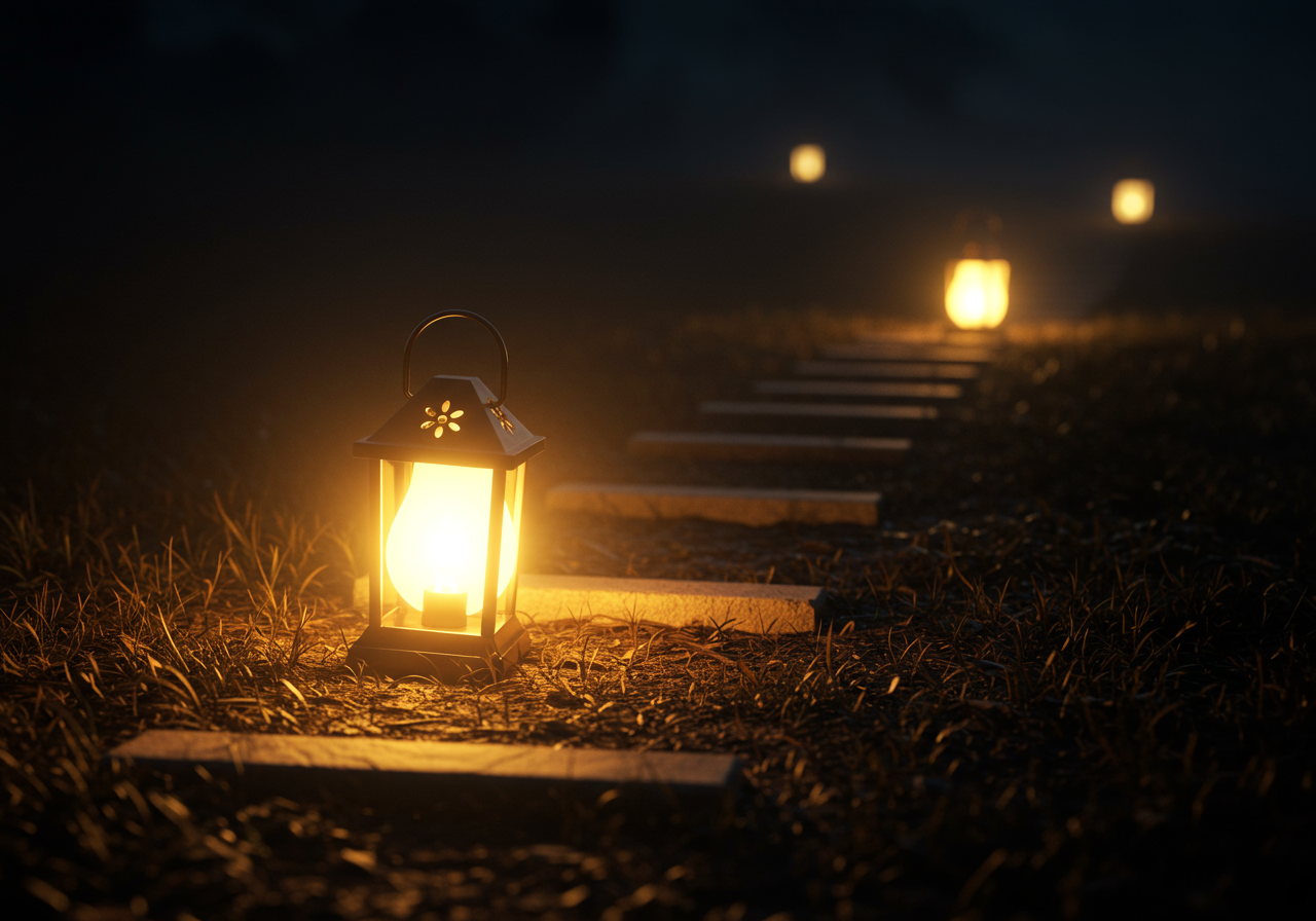 Warm lantern lighting the path